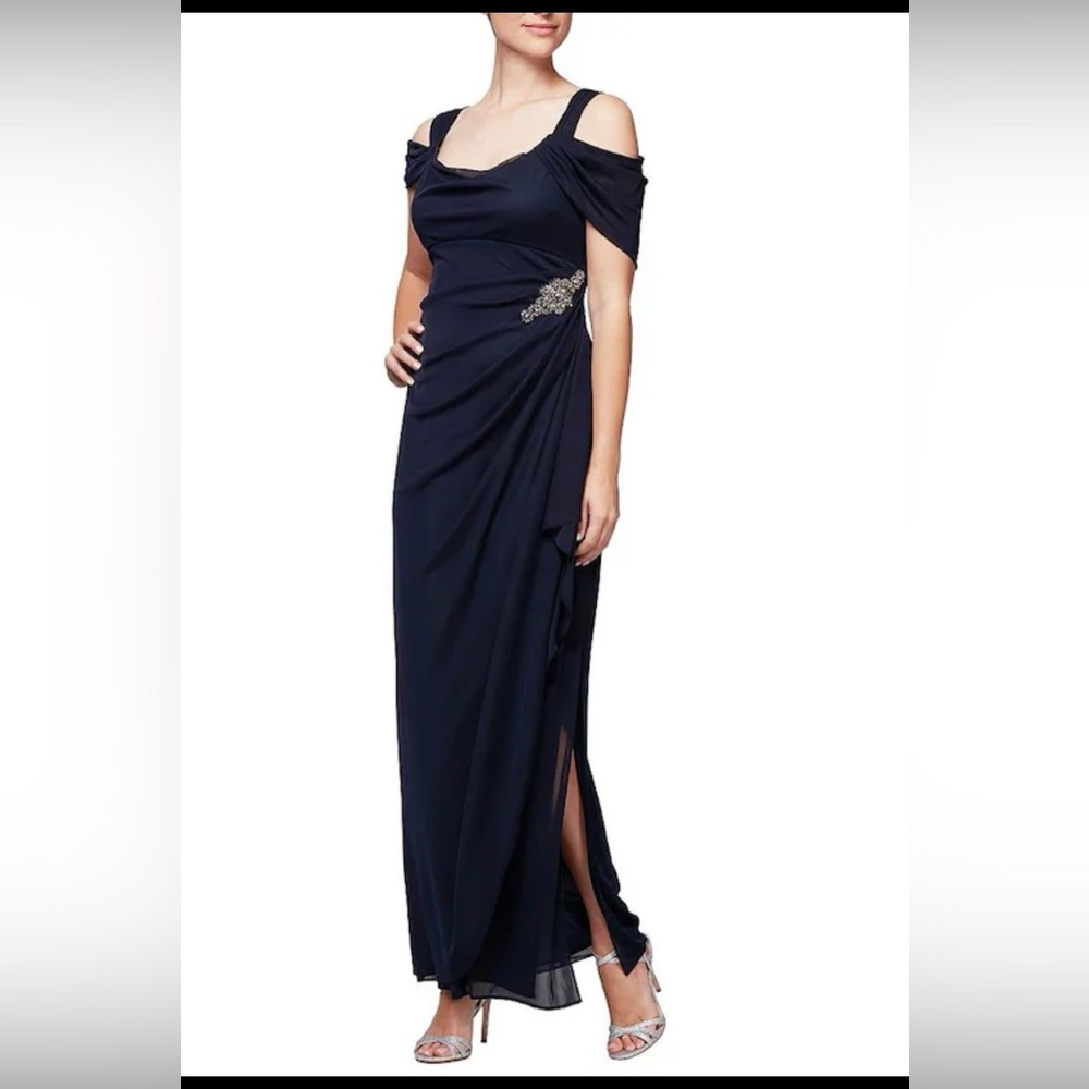 Alex Evenings Short Sleeve Cold Shoulder Cowl Neck Side Brooch Gown